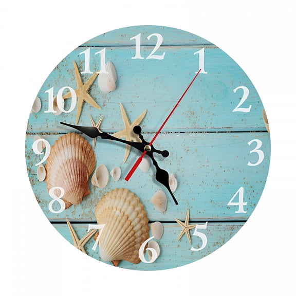 DESIGNICE 2026 New Silent Wall Clock Seastar and Shells on Beach 10" Non-Ticking Battery Clock Rustic Retro Home Decorative for Living Room Kitchen Bathroom