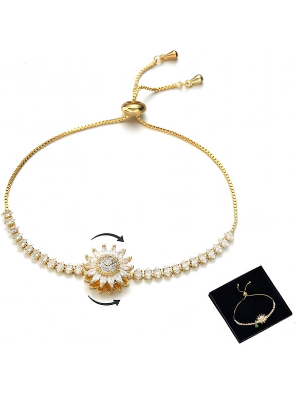 2026 New Spinning Sunflower Fidget Bracelet for Women,Rotatable Anxiety Sunflower Bracelets Adjustable Rhinestone Sunflowers Statement Worry Relieving Jewelry Gift