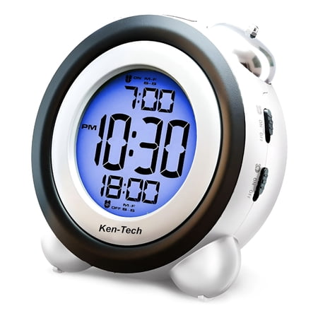 DESIGNICE 2026 New Twin Bell Digital Alarm Clock - Very Loud Alarm Clock for Heavy Sleepers and the Hearing Impaired. Battery Operated Dual Alarm Blue Backlight. White