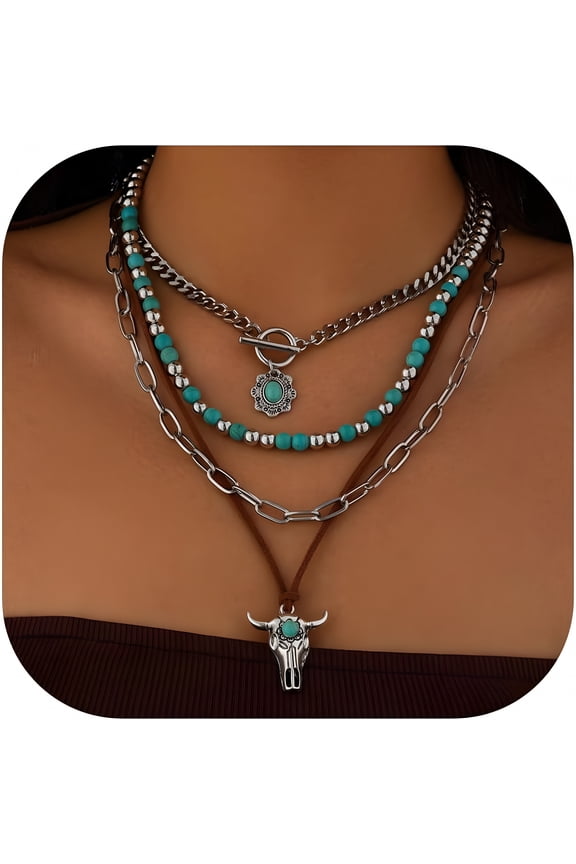 2026 New Western Necklaces Boho Layered Charm Necklace for Women Turquoise Beaded Choker Ox-Head Pendant Necklace Western Jewelry for Women Cowgirl Accessories