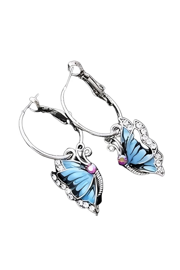 2026 New Women 1Pair Blue Crystal Rhinestone Enamel Butterfly Dangle Hoop Earrings for Party, Wedding, Casual, Gifts Earbob