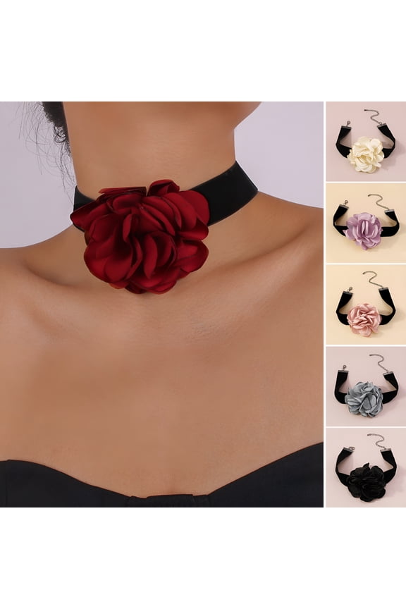 2026 New Women Choker Elegant Temperament Wide Black Band Flocking Rose Flower Female Collar Necklace for Party, Red