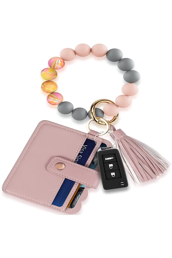 2026 New Women Keychain Bracelet Wristlet with Card Wallet Silicone Beaded Key Ring Bracelet Elastic Keyring Bangle Pink-2Pc