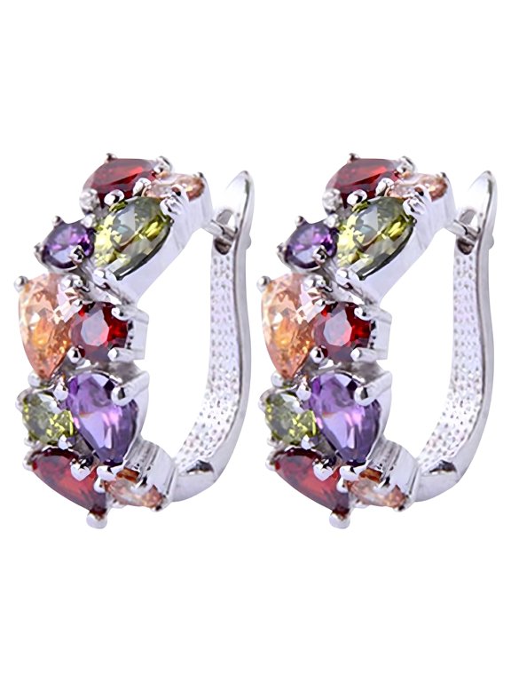 2026 New Women'S Colorful Crystal Stud Earrings Rainbow Oval Gem Earrings, Silver-Tone Multicolor Cz Jewelry, Party Fashion Ear Accessories for Women