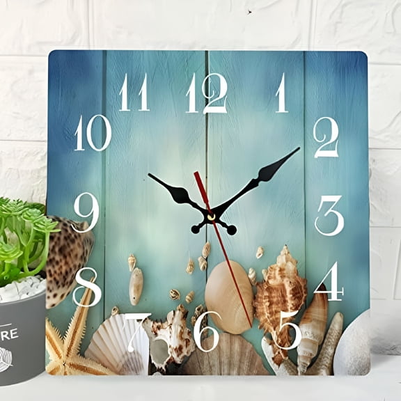 DESIGNICE 2026 New Wooden Wall Clock Silent Non-Ticking Sea Shell Blue Beach Vintage Square Rustic Coastal Wall Clock Decor for Home Kitchen Living Room Office Battery Operated (12")