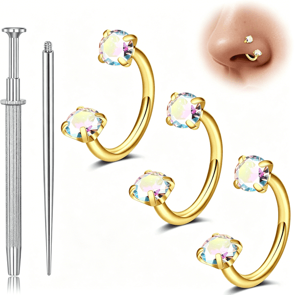 DESIGNICE 20G 18G Horseshoe Nose Ring for Women Double Gem Horse Shoe Nose Ring Hoop Surgical Steel Silver Gold Cartilage Helix Tragus Earring Hoops Labret Lip Piercing Jewelry Small Septum Rings 16G