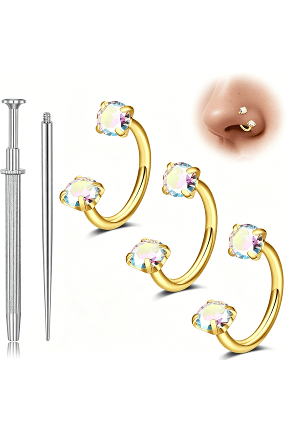 20G 18G Horseshoe Nose Ring for Women Double Gem Horse Shoe Nose Ring Hoop Surgical Steel Silver Gold Cartilage Helix Tragus Earring Hoops Labret Lip Piercing Jewelry Small Septum Rings 16G