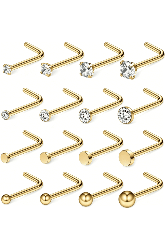 20G 18G Surgical Steel 1.5Mm-3Mm Flat Ball Clear Diamond Cz Opal Heart Nose Stud Rings L Shaped Piercing Jewelry 16-24Pcs