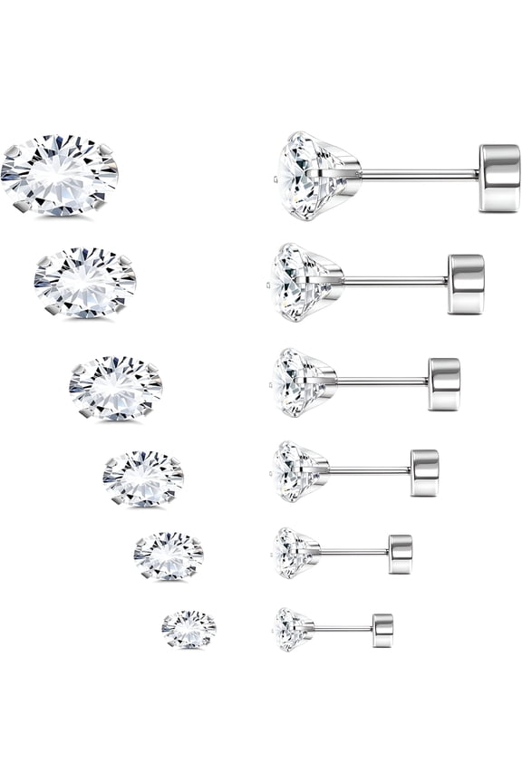 20G 2-8Mm Titanium Flat Back Stud Earrings for Women Men,Hypoallergenic Round Cz Cartilage Studs for Sensitive Ears,Screw Back Piercing Set