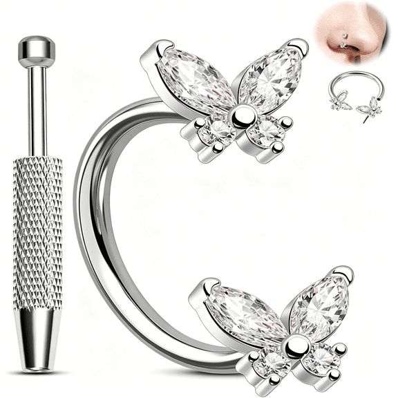 DESIGNICE 20G Butterfly Horseshoe Push Pin Nose Ring Hoop,Piercing Taper Ball Tool 316L Surgical Steel,Cz Clear Nose Septum Daith Lip Rook Helix Jewelry Set 7Mm/8Mm