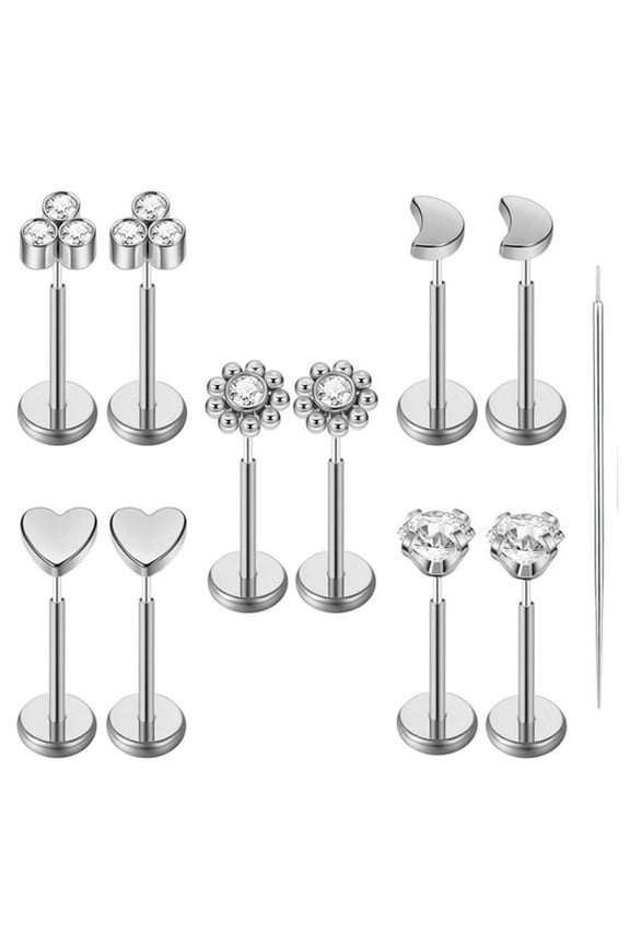 20G Flat Back Earrings Stud 316L Surgical Steel Nose Stud Rings Threadless Tragus Labret Cartilage Medusa Conch Body Piercing Jewelry Hypoallergenic for Women Men 5Pairs Silver