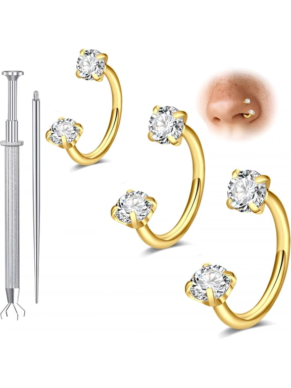 20G Horseshoe Nose Ring for Women Double Gem Horse Shoe Nose Ring Hoop 6Mm 7Mm 8Mm Surgical Steel Gold Cartilage Helix Tragus Earring Hoops Labret Lip Piercing Jewelry Small Septum Rings