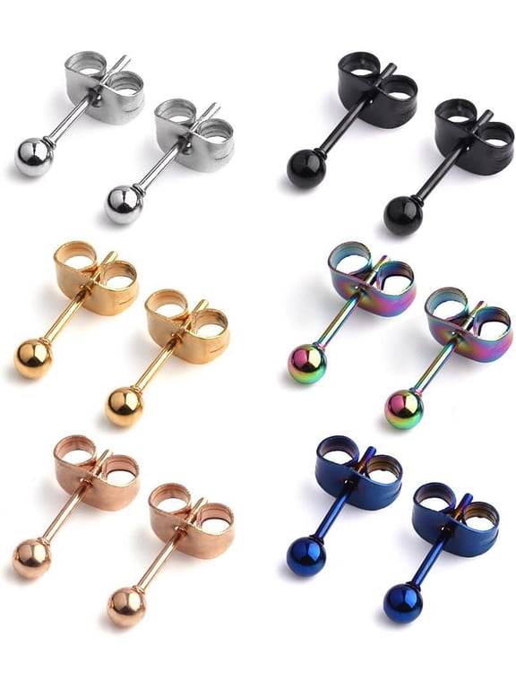 20G Mix Color Stainless Steel Ball Clear Cz Stud Earrings for Men Women Round 3-8Mm 6-12Pairs