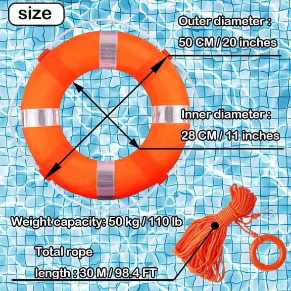 DESIGNICE 20Inch Throwable Life Preserver Ring with 98.4Ft Floating Rescue Rope - Emergency Flotation Device for Boating, Pool, Lake & Beach - Swim Foam Buoy with Perimeter Line Kit