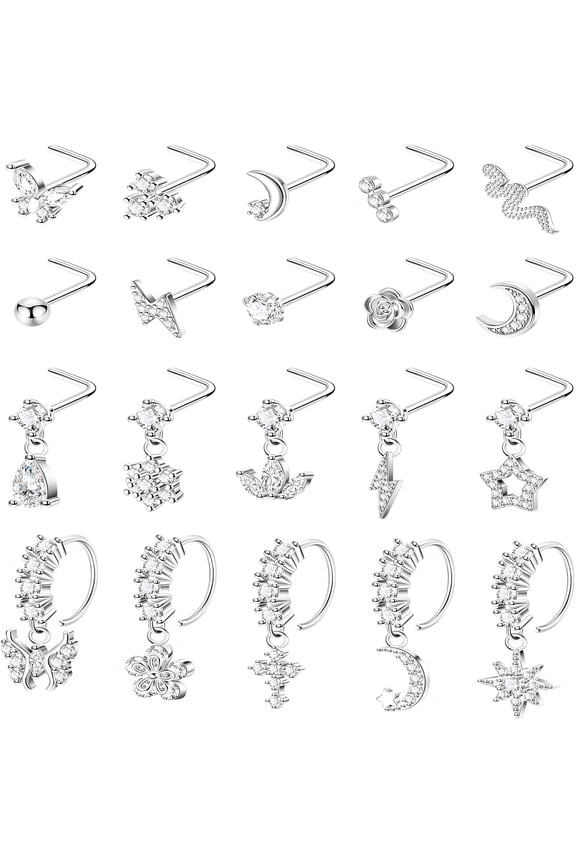 20PCS 20G Surgical Steel Dangle Nose Rings for Women L Shaped Nose Studs Dangling Nose Rings Hoops CZ Flower Butterfly Moon Nose Piercing Jewelry