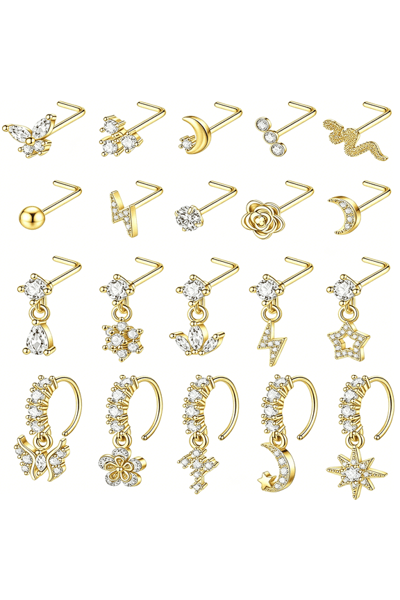 20Pcs 20G Dangle Nose Rings for Women L Shaped Dangling Nose Rings Studs Hoops Stainless Steel Flower Butterfly Moon Dangle Nose Piercing Jewelry(Gold/Silver Color)