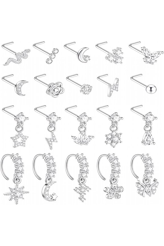 20Pcs 20G Dangle Nose Rings for Women L Shaped Dangling Nose Rings Studs Hoops Stainless Steel Flower Butterfly Moon Dangle Nose Piercing Jewelry
