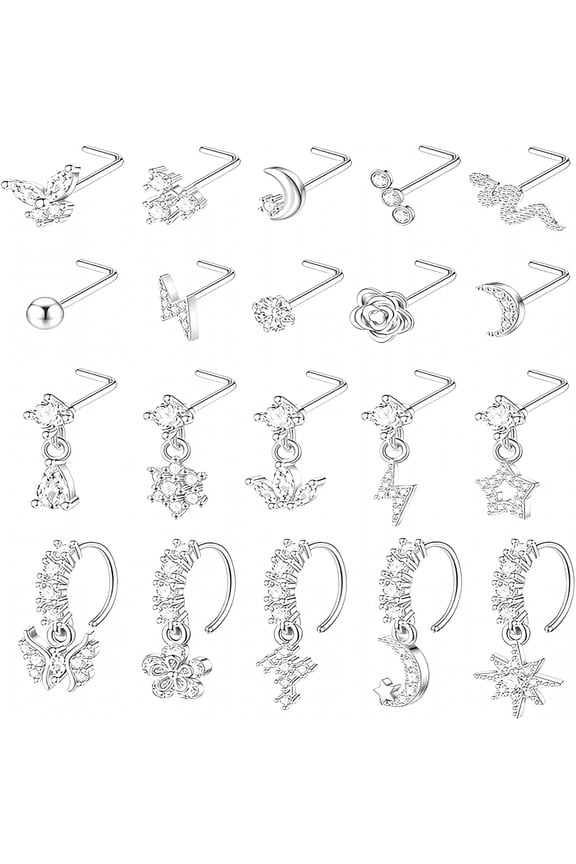 20Pcs 20G Dangle Nose Rings for Women L Shaped Dangling Nose Rings Studs Hoops Stainless Steel Flower Butterfly Moon Dangle Nose Piercing Jewelry