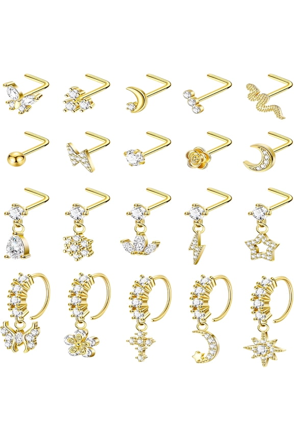 20Pcs 20G Surgical Steel Dangle Nose Rings for Women L Shaped Nose Studs Dangling Nose Rings Hoops Cz Flower Butterfly Moon Nose Piercing Jewelry