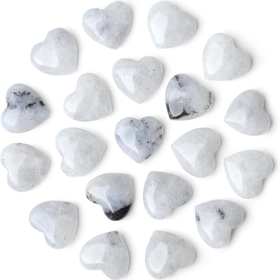 DESIGNICE 20Pcs Moonstone Crystal Hearts Healing Stones Rocks Bulk Reiki Set,Natural White Rainbow Moon Stones Pocket Hearts Gemstone for Intuition New Beginnings Reiki Meditation Spiritual Gifts