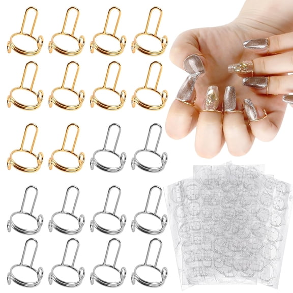 DESIGNICE 20Pcs Nail Rings with 120Pcs Adhesive Nail Tabs No Glue Adjustable Fingernail Rings Set for Acrylic Nail,Non-Tarnish Metal Nails Rings for Women Nail Art Decoration