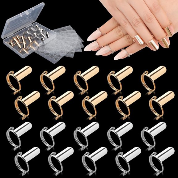 DESIGNICE 20Pcs Nail Rings, Updated Adjustable Nail Rings Detachable Reusable Women Gift Ring Set with 120Pcs Adhesive Nail Tabs for Acrylic Nail Art Decoration Gold and Silver