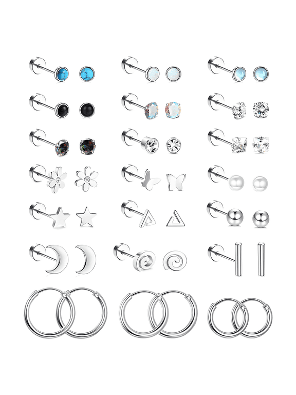 21 Pairs Flatback Stud Earrings for Women 316L Surgical Steel Hypoallergenic CZ Cartilage Earrings Silver Flat Back Studs for Sensitive Ears Tragus Lobe