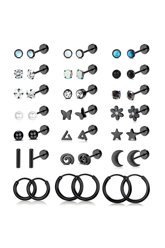 21 Pairs Flatback Stud Earrings for Women,Cubic Zirconia Cartilage Earrings for Women,316L Surgical Stainless Steel Hypoallergenic Earrings for Sensitive Ears Women,Black