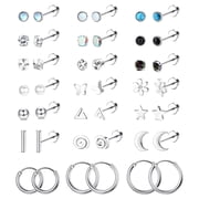 DESIGNICE 21 Pairs Flatback Stud Earrings, 316L Steel CZ Cartilage Sensitive Ears (Silver)