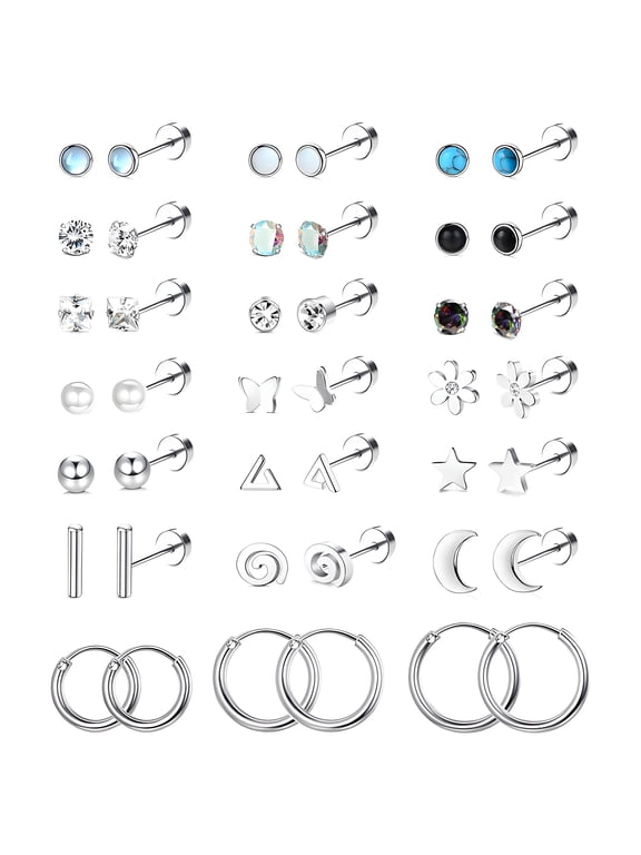 21 Pairs Flatback Stud Earrings, 316L Steel CZ Cartilage Sensitive Ears (Silver)