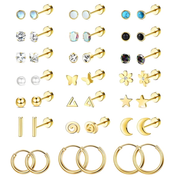 DESIGNICE 21 Pairs Flatback Stud Earrings for Women,Cubic Zirconia Cartilage Earrings for Women,316L Surgical Stainless Steel Hypoallergenic Earrings for Sensitive Ears Women,Gold