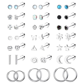DESIGNICE 21 Pairs Flatback Stud Earrings, 316L Steel CZ Cartilage Sensitive Ears (Silver)