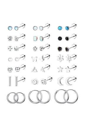 21 Pairs Flatback Stud Earrings, 316L Steel CZ Cartilage Sensitive Ears (Silver)