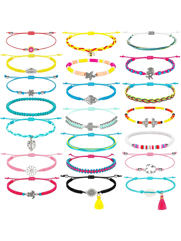 21 Pc Surfer Wave Friendship Bracelet Set Waterproof Adjustable Beach String Anklets Bulk, Summer Gift for Women Beach Bracelets
