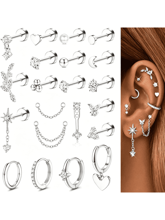 21Pcs Helix Piercing Jewelry Hypoallergenic Flat Back Earrings Helix Hoops Tragus Studs Cartilage Earrings for Women Jewelry Gold/Silver