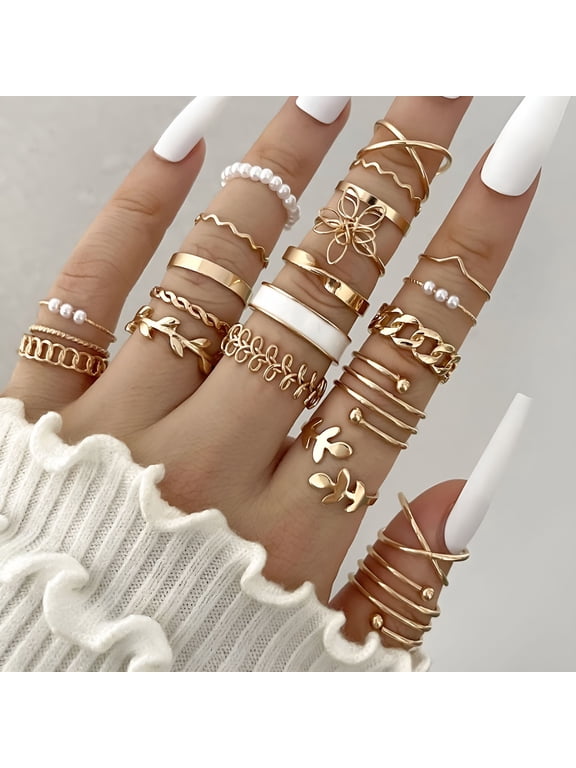 22-Piece Gold Knuckle Rings for Women,Stackable Chunky Rings Pack,Vintage Boho Rhinestone Pearl Ring Jewelry Set