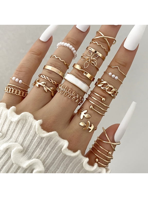 22-Piece Vintage Rhinestone Pearl Ring Set for Women, Stackable Alloy Statement Rings with Eye Design, Elegant Layered Jewelry Gift for Birthday Anniversary Party
