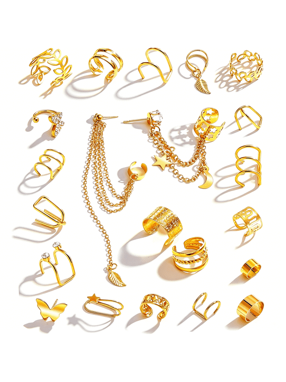 22Pcs Golden Ear Cuffs Earrings for Women Non Piercing Lightweight,Adjustable Hypoallergenic Fake Clip on Cartilage Butterfly Chain Twist Helix Leaf Wrap Earrings Set,Trendy Jewelry