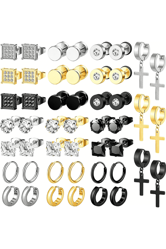 24 Pairs Stainless Steel Earrings for Men Hypoallergenic Inlaid Cubic Zirconia Studs Hoop Earring Cross Dangle Earrings Unisex Punk Stud Earring for Women Men