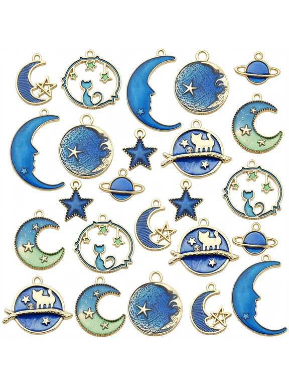 24 Pcs Assorted Gold Plated Enamel Cat Moon Star Celestial Charm Pendant Diy for Earrings Necklace Bracelet Jewelry Making and Crafting (M583-Blue), Elegant Moon Charms