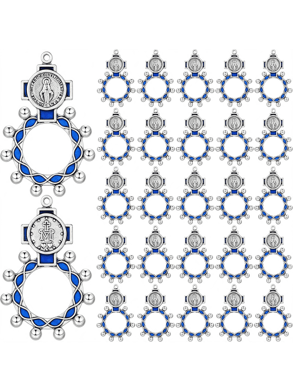 24 Pcs Finger Rosary Ring Traditional Catholic Pocket Rosary Ring Christian Medal Jewellery Crucifix Bulk Blue Keychain for Baptism Favors Prayer Accessories