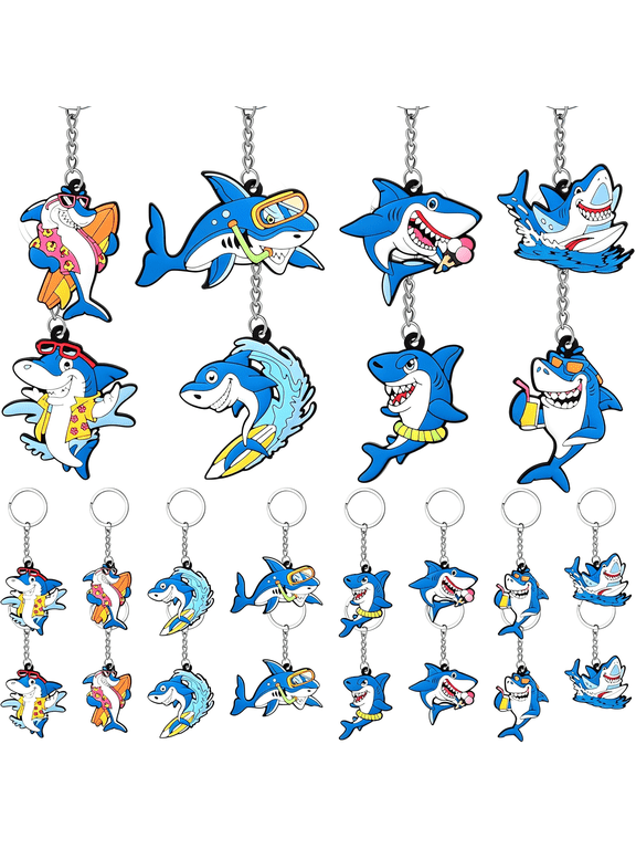 24 Pcs Shark Keychains Bulk Cute Shark Key Ring for Backpacks under the Sea Party Favors Summer Ocean Sea Birthday Party Supplies Decorations Kids School Prizes Rewards Set Gifts 8 Style
