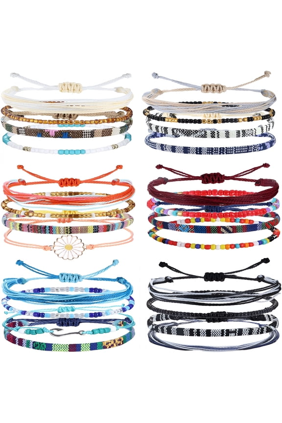 24 Pieces Waterproof String Bracelets for Women Surfer Wave Boho Bracelet Adjustable Handmade Friendship Bracelet String Ocean Beach Bracelets Anklets for Women