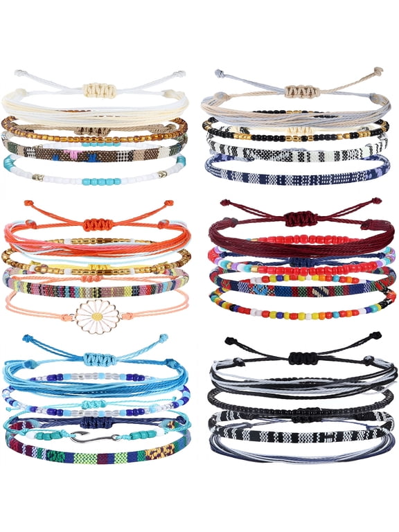 24 Pieces Waterproof String Bracelets for Women Surfer Wave Boho Bracelet Adjustable Handmade Friendship Bracelet String Ocean Beach Bracelets Anklets for Women