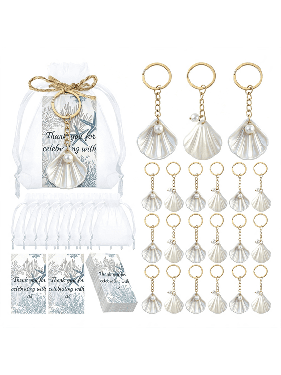 24 Sets Seashell Keychain Beach Seashell Party Favor Last Toast on the Coast Party Beach Shell Charm and Pearl Gift with Bag for Summer Ocean Nautical Wedding Bridal Shower (White)