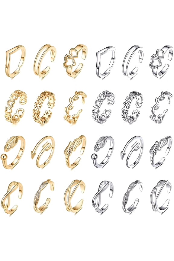 24Pcs Open Toe Rings Set for Women Adjustable Toe Band Knuckle Ring Arrow Knot Star Moon Finger Tail Foot Rings Summer Beach Foot Jewelry