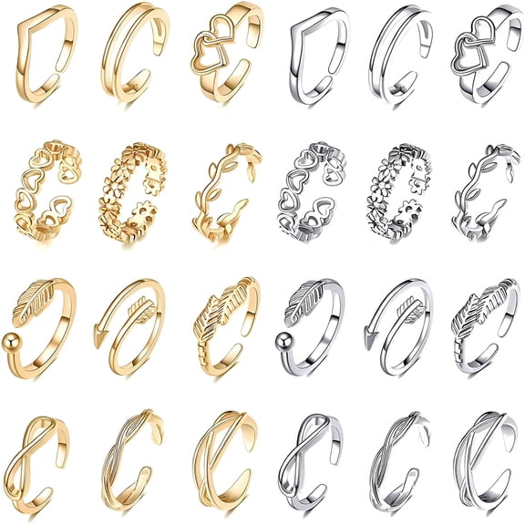 DESIGNICE 24Pcs Open Toe Rings Set for Women Adjustable Toe Band Knuckle Ring Arrow Knot Star Moon Finger Tail Foot Rings Summer Beach Foot Jewelry