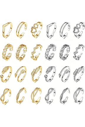 24Pcs Open Toe Rings Set for Women Adjustable Toe Band Knuckle Ring Knot Star Moon Finger Tail Foot Rings Summer Beach Foot Jewelry