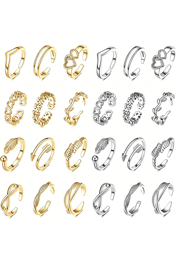 24Pcs Open Toe Rings Set for Women Adjustable Toe Band Knuckle Ring Knot Star Moon Finger Tail Foot Rings Summer Beach Foot Jewelry