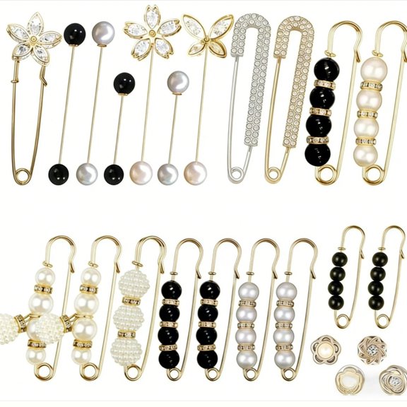 DESIGNICE 24Pcs Pearl Brooch,Pant Waist Tightener Safety Pin(Chic),Double Faux Pearl Brooches,Fashion Cover Up Buttons,Decorative Safety Pins,Ideal for Women Clothes Decoration